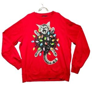 MAD Gear Red Cat Christmas Lights Graphic Crewneck Sweatshirt Size Large Unisex